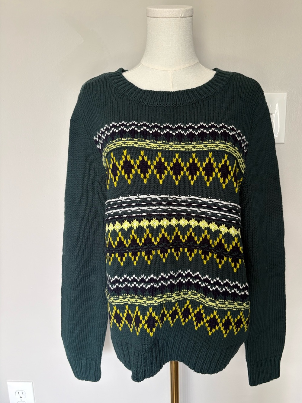 Talbots Dark Green Crewneck Fair Isle Sweater with Yellow & White Pattern